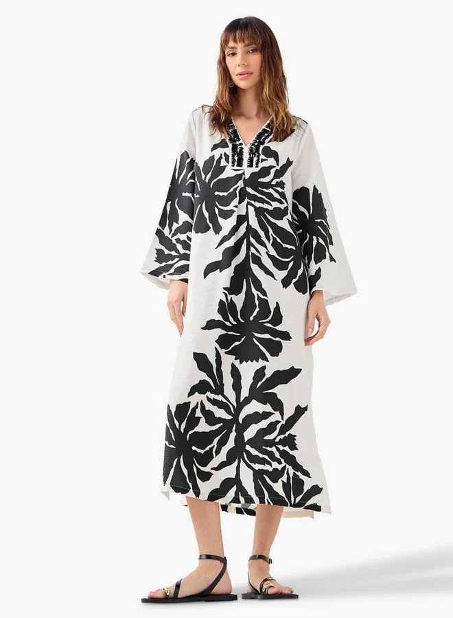 Iconic Iconic Embellished V-neck Dress with Slits and Long Sleeves